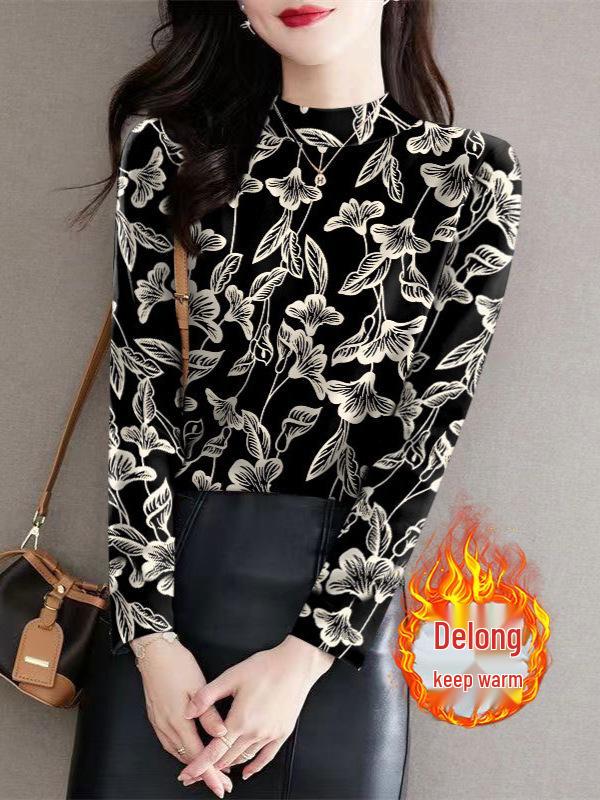 Women's Ribbed Fleece Base Layer Top: Half-High Neck, Long Sleeves, Stylish Print, Versatile for Middle-Aged & Elderly, Slimming Fit.