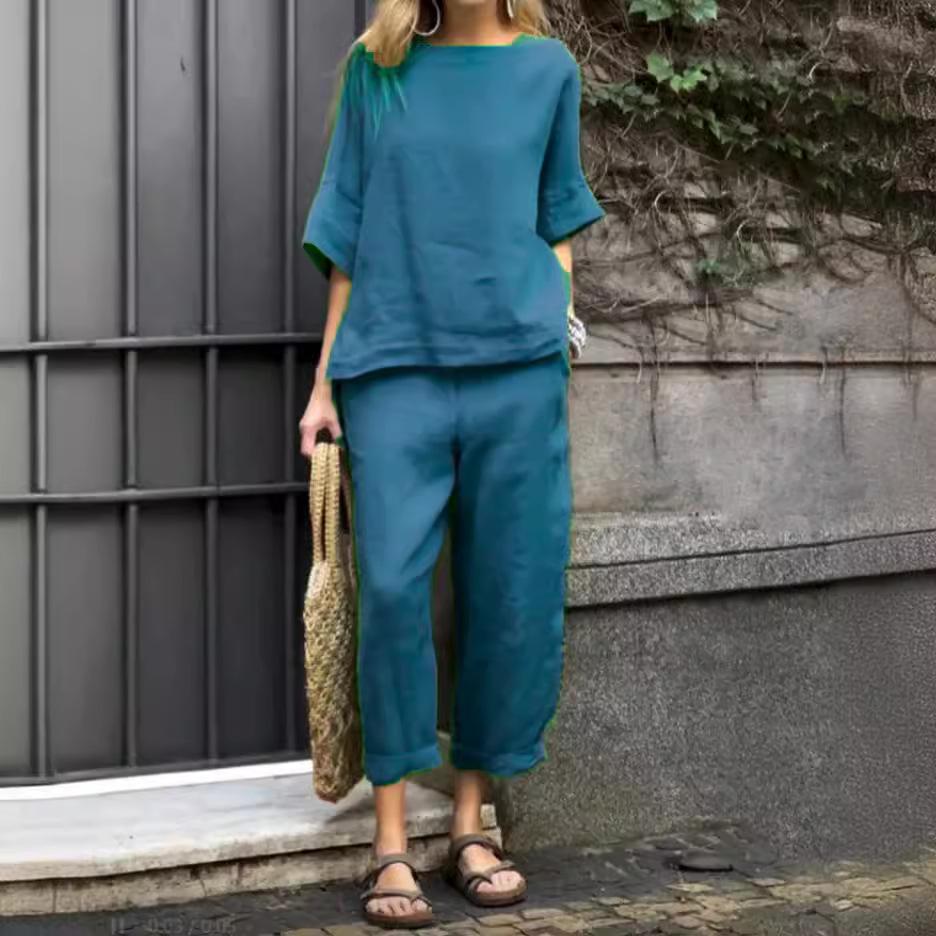 

2025 Повседневный комплект брюк с круглым вырезом и короткими рукавами XL темно-синий