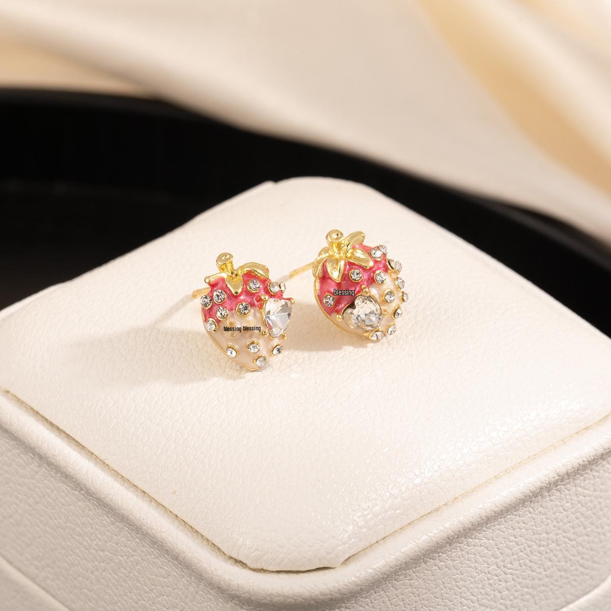 Silver Needle Luxury Strawberry Heart Earrings for Women