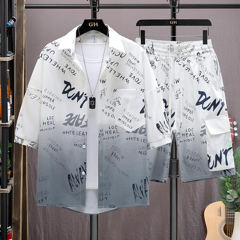 

Мужской костюм с рисунком, рубашка, шорты, корейский стиль High Street Harajuku, тенденции мужской моды в одежде, тенденции мужской моды в одежде M белый