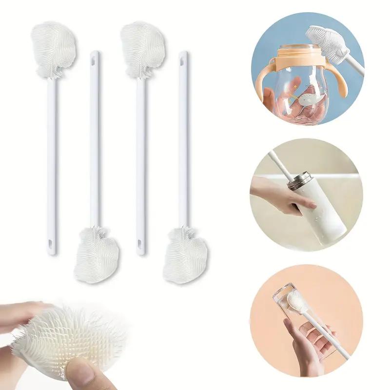 White Silicone Kitchen Cleaning Tool with Folding Brush Head and Long Handle for 360° Glass and Bottle Cleaning