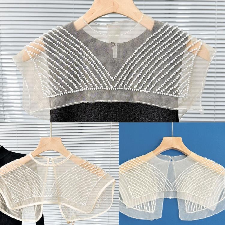 Perspective Sheer Mesh Mini Capelet Women Pearls Beading Fake Collar Shawl Scarf