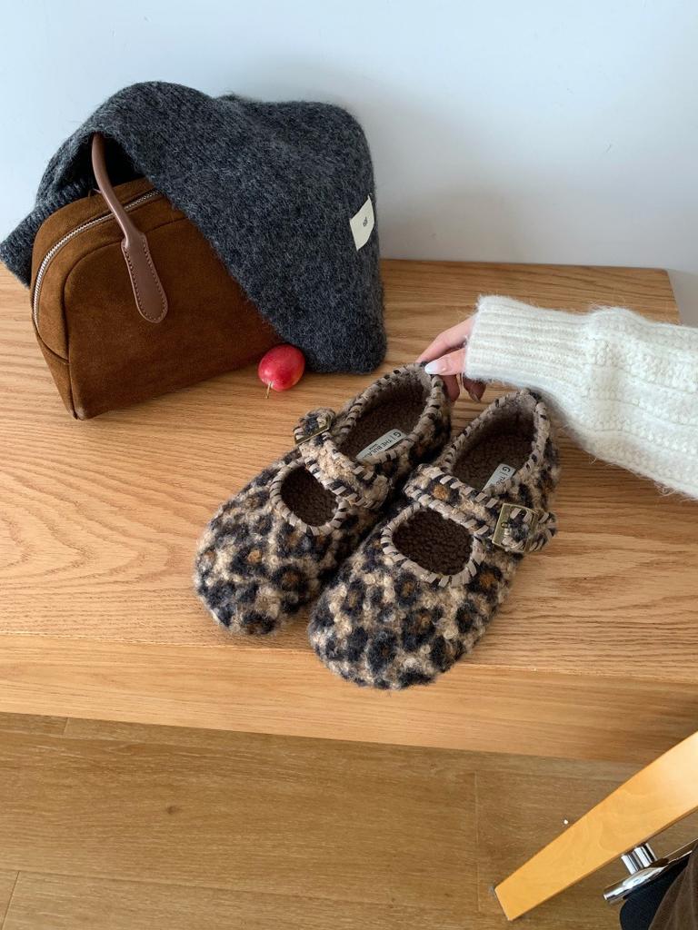 Flat Bottom Round Head Leopard Print Plush Shoes Women's Outer Wear 2025 New Autumn and Winter Mary Jane Single Shoes Plush Cotton Shoes