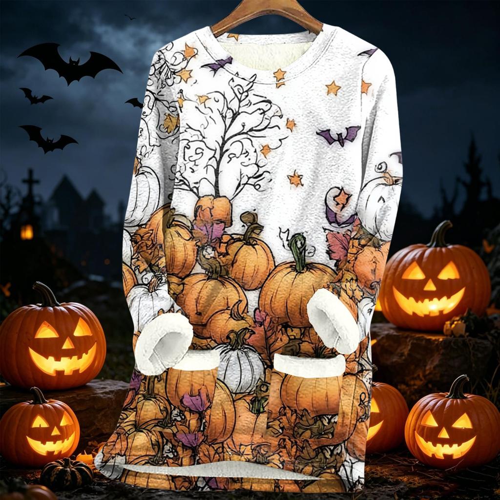 Women's Long Sleeve Pullover Fleece Lined Sweatshirt Cozy Thick Warm Lamb Wool Autumn Winter Top Halloween Print