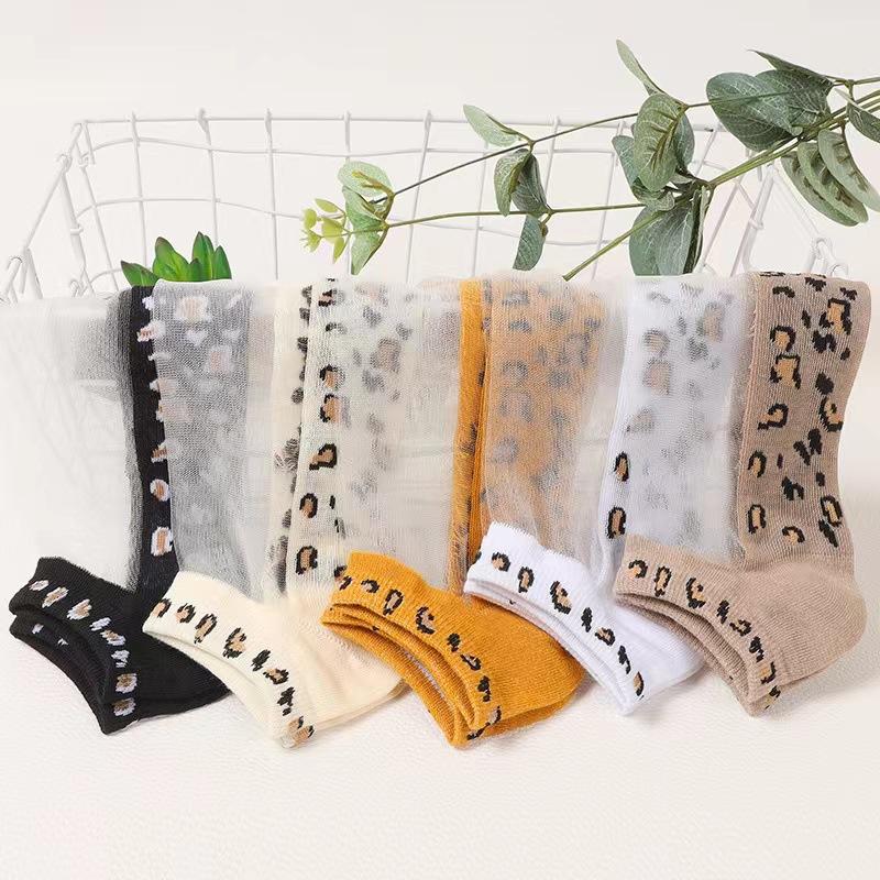 5 Pairs/set Women Slass Filament Fiber Spring and Summer Thin Transparent Leopard Socks Polyester Sock Lace Socks