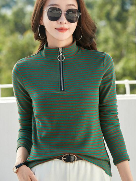 Women's Striped Pure Cotton Long Sleeve T-Shirt, Autumn/Winter 2025, Fashionable Slimming Base Layer with Zippered Stand Collar