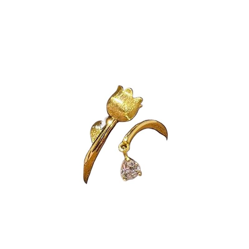 Ancient Gold Crafts Brushed Lily of the Valley Rings for Women Tassel Inlaid Diamonds Water Drop Diamond Female Ring Adjustable