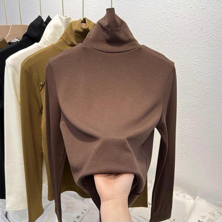 Stacked turtleneck bottoming shirt for women's autumn and winter with fleece thickened long-sleeved t-shirt fashionable polished thermal top