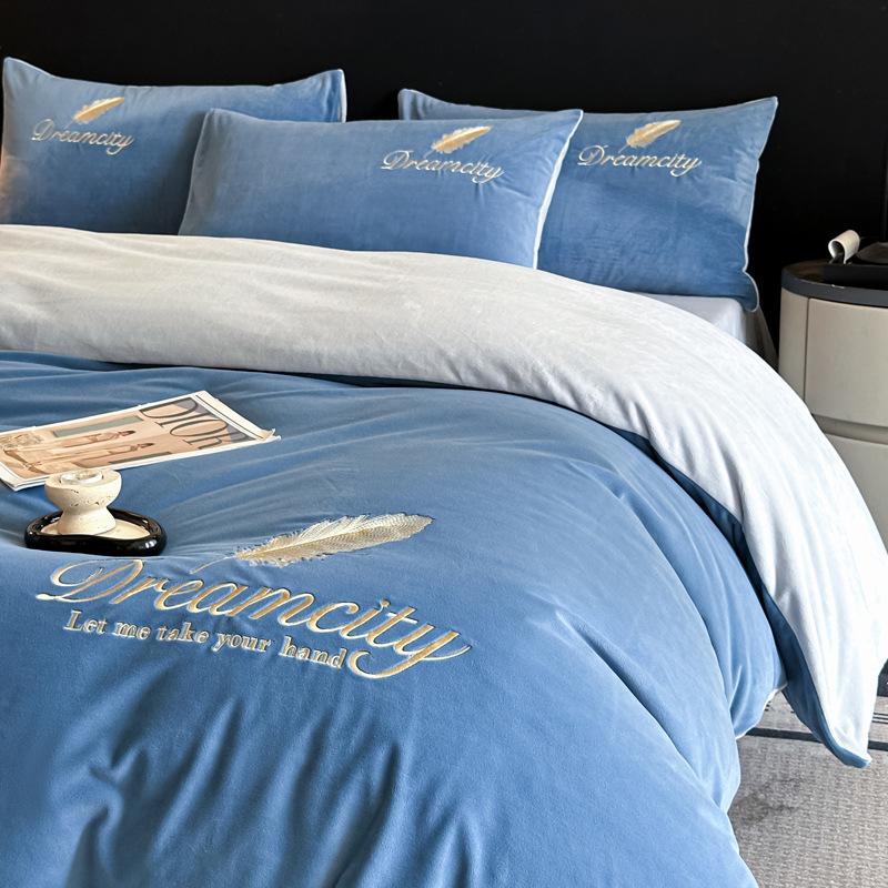 Thickened Milk Fleece Four-Piece Set, Coral Double-Sided Fleece Embroidered Crystal Fleece Quilt Cover, Bed Sheet, Bed Hat Three-Piece Set