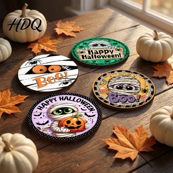 Kitchen Dining Accessories Halloween Wooden Coasters, Decorative Drink Heat Resistant Table Mats Decor for Coffee Mugs, Waterproof Party Home Holiday