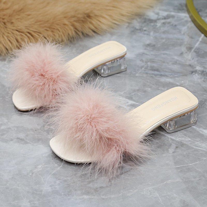 

Women s Summer Chunky Heel Furry Slippers - Korean Style Fashion Sandals 36