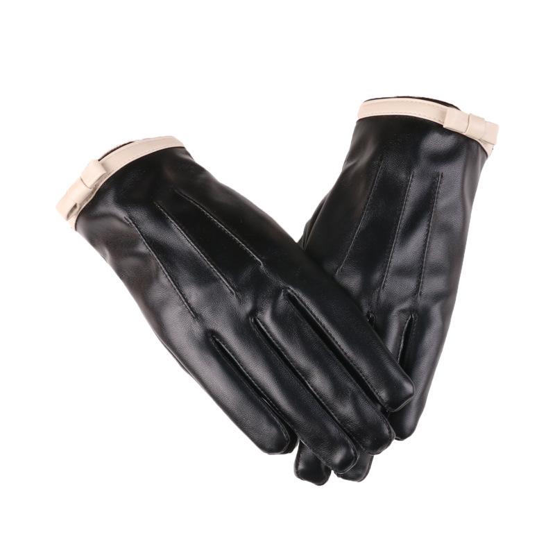 New Autumn and Winter Women's Leather Gloves for Warmth and Velvet Cold Protection Outdoor Fashionable Bows and Cold Touch Screen Leather Gloves