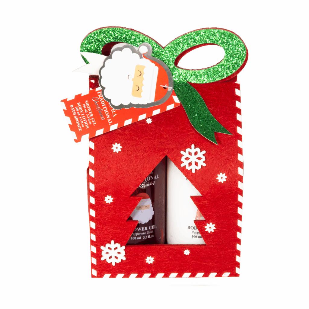 All''Aura X-Mass Care Set In a Felt Bag with a Bow Shower Gel 100ml, Body Lotion 100ml, Body Wash Sponge