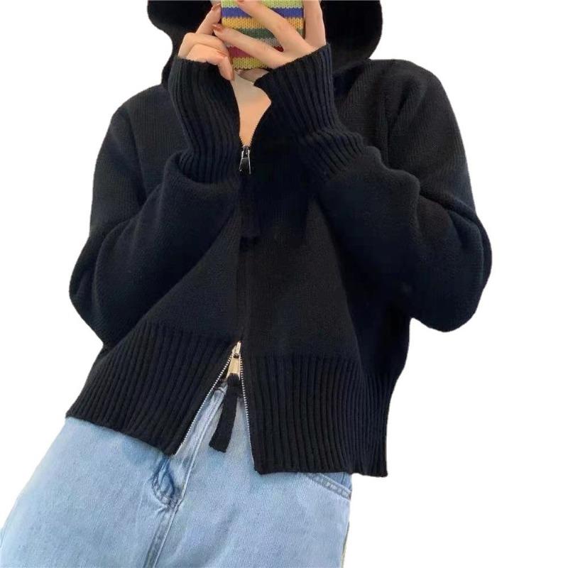 Blue Knitted Zipper Shirt Women's Autumn New Hooded Jacket Short Super Small Jacket Sweater