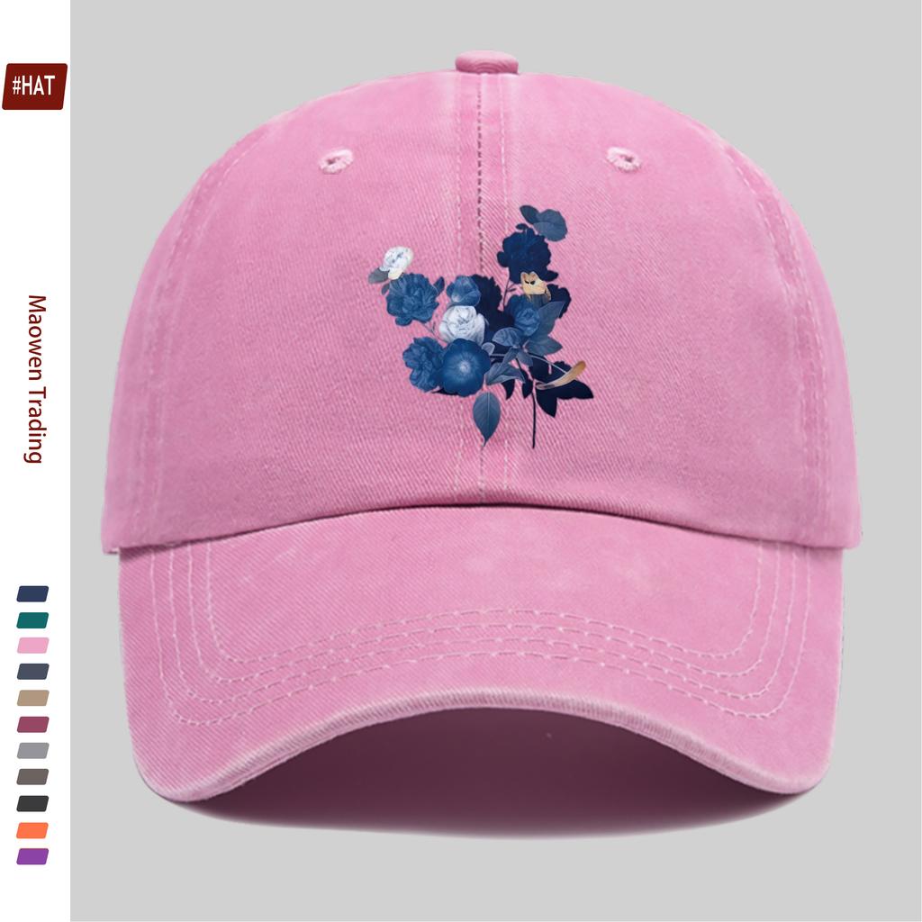 Pc Pcs Blue Floral Trucker Hat Suitable for Men Women Adjustable Washed Buckle Strap Vintage Washed Baseball Cap with Flor