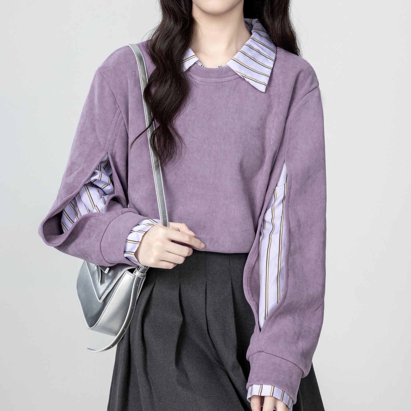 

Women s Purple Polo Collar Patchwork Sweatshirt - Spring/Autumn 2025 Fake Two-Piece Design Pullover M (75-90 jin)