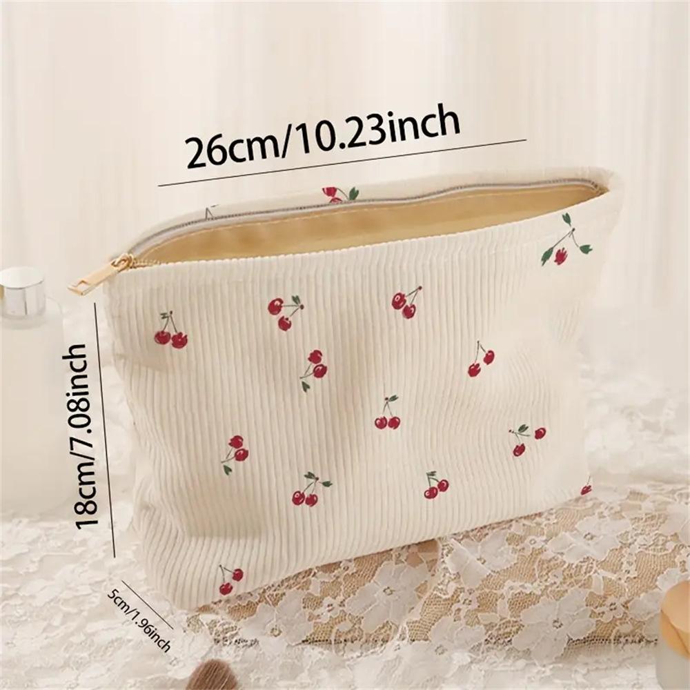 

Cherry Printed Corduroy Makeup Bag Lightweight Zipper Makeup Storage Box Multifunctional Bag with Lining Cosmetic Organizer Bag