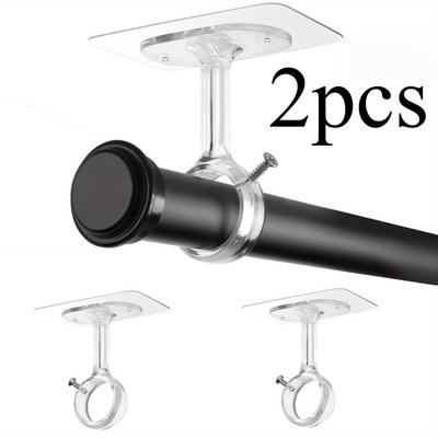 2pcs No Drill Ceiling Mount Curtain Rod Brackets, Heavy Duty Self Adhesive Curtain Rod Holders, Adjustable Curtain Hooks Hanging 3.05cm Dia Poles