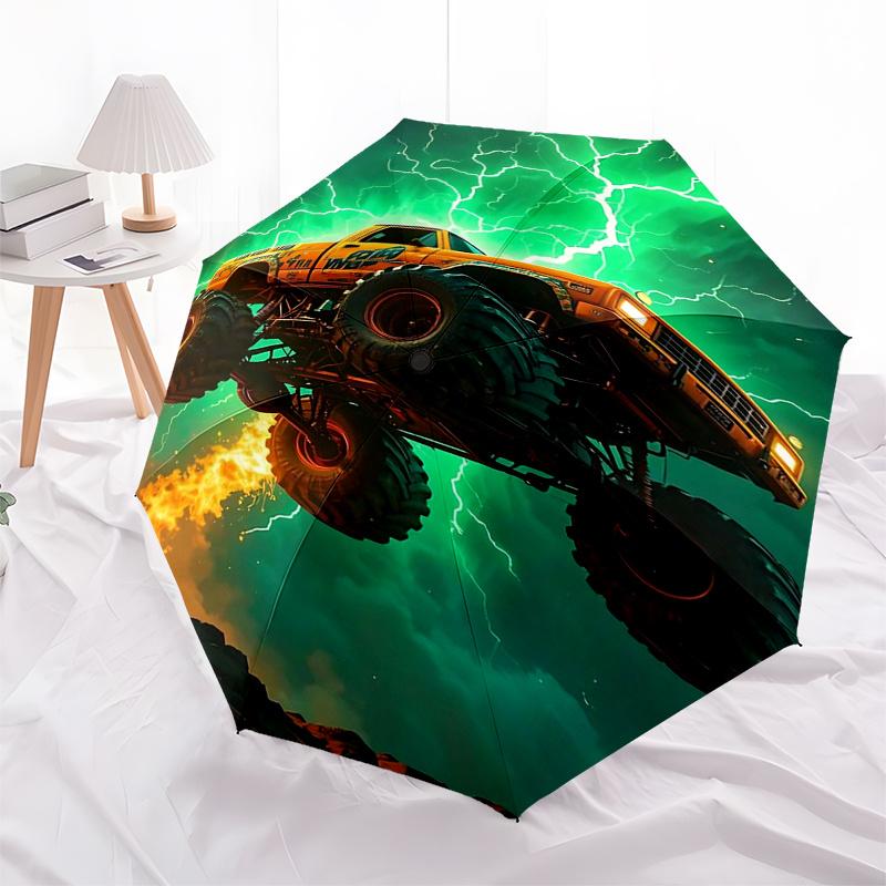 Podróżny Parasol Tematyczny Monster Truck 8 Żeberek Automatyczne Otwieranie i Zamykanie, Przenośna Składana Konstrukcja, Kompaktowy i Stylowy Parasol Odpowiedni do