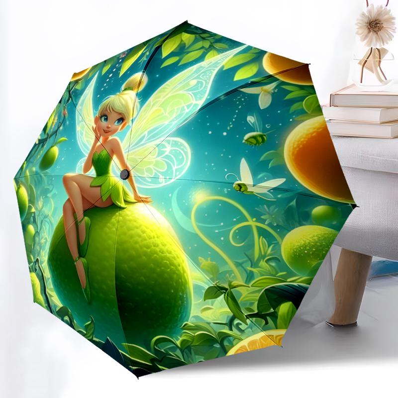 1pc Sturdy 8-Bone Auto Umbrella, Tinker Bell Flower Umbrella, Digital Printed, Foldable Umbrella for On-the-Go Outdoor Use