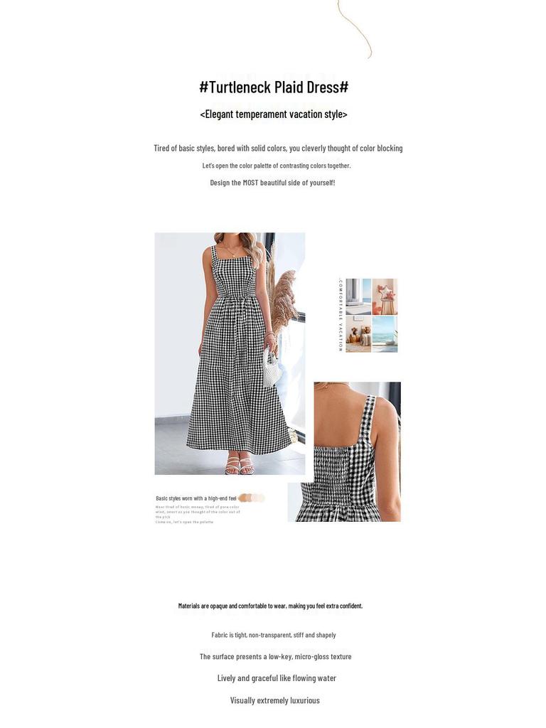 European & American Style Square Neck Plaid Shirred Dress - Fashionable Strappy Casual Women's Dress