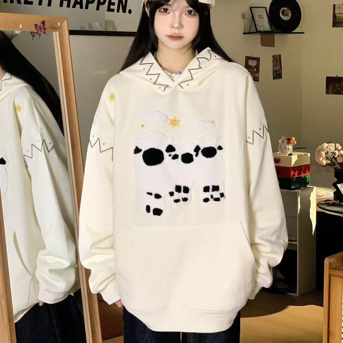 

Американское ретро худи с вышивкой в виде ягненка - Женский зимний приталенный стиль M