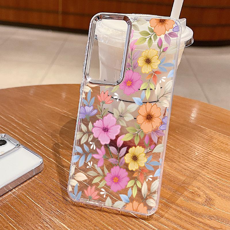 White Flower Pattern Case For Samsung S26 S25 Ultra S24 FE S23 Plus S22 S21 A15 A16 A17 A35 A36 A37 A54 A55 A56 A57 5G Plating Lens Soft Cover
