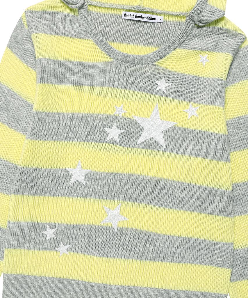 CAVISH W U Neck Striped Star Knit Hoodie Yellow(Cv2Fffk601A)