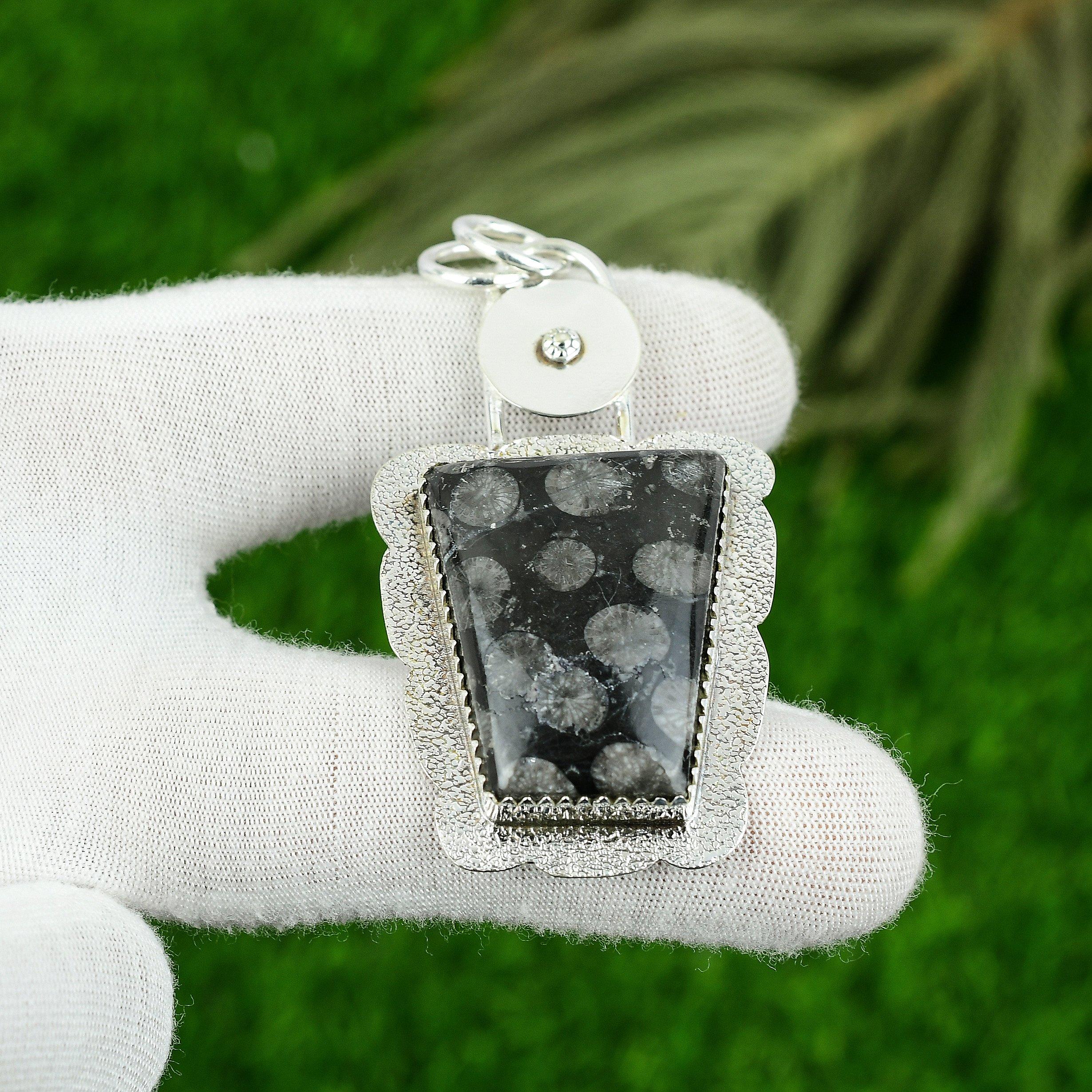 Mothers day Deal Black Fossil Coral Stone 925 Silver Daughter Engagement Pendant