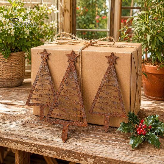 Durable Metal Yard Decor 3Pcs Rustic Christmas Tree Stake, Weathered Iron Art Xmas Heavy Duty Stake Design Decorative Garden Sign for Pathway