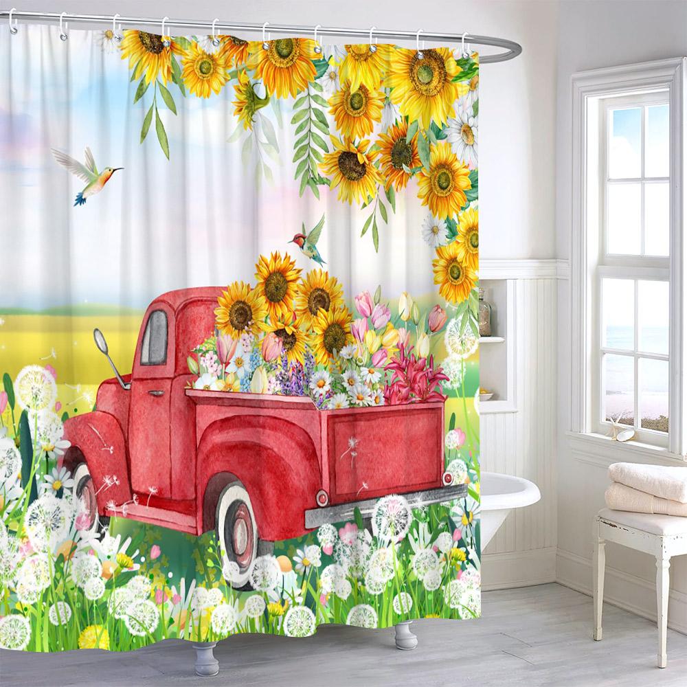 Rustic Sunflower Flower Butterfly Print Shower Curtain Vintage Floral Botanical Polyester Fabric Shower Curtains Bathroom Decor