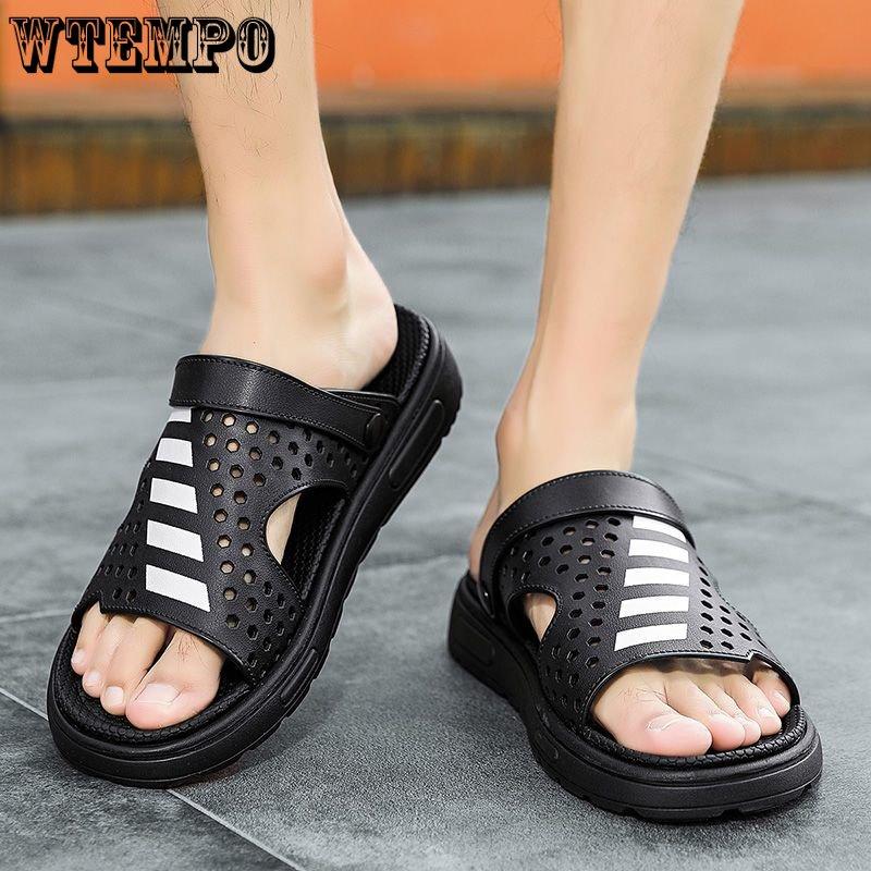 WTEMPO Mens Summer Sandals Soft Bottom Thick Bottom Slides Outdoor Hollow Beach Shoes Indoor Slipper Wearable Anti-slip Hiking Shoes