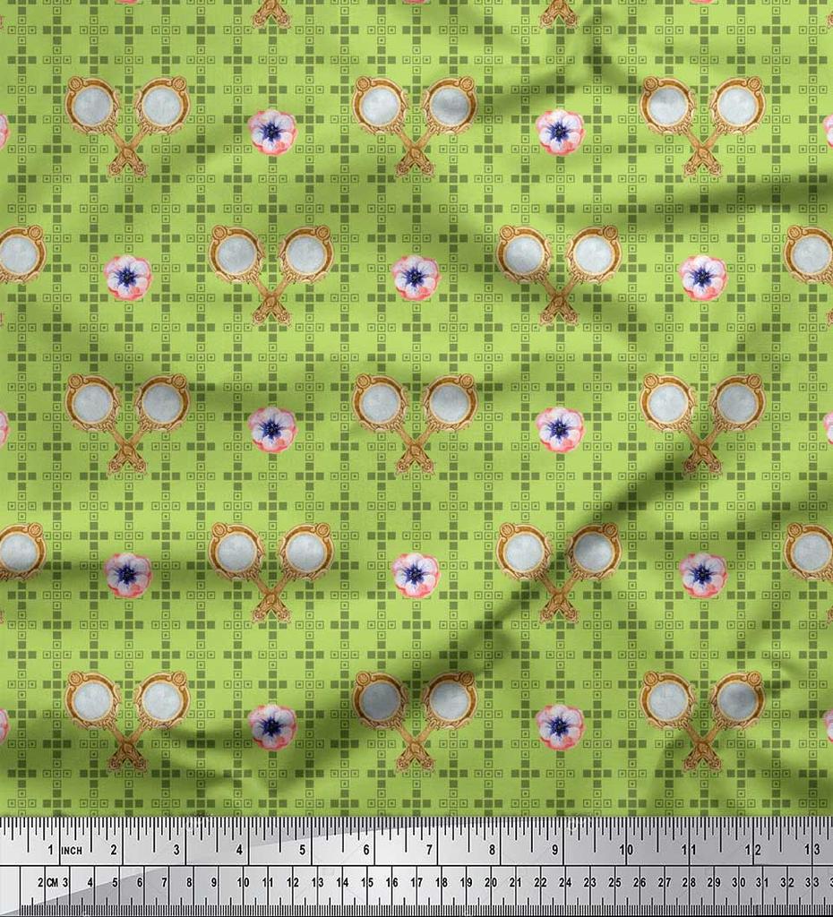 Soimoi Green Japan Crepe Satin Fabric Geometric,Anemone & Hand Mirror Vintage Fabric Prints By Metre 42 Inch