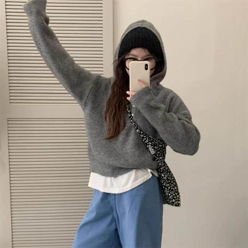 Candy-colored hooded pullover sweater for women's outerwear autumn and winter new lazy style loose and versatile casual knitted sweater top