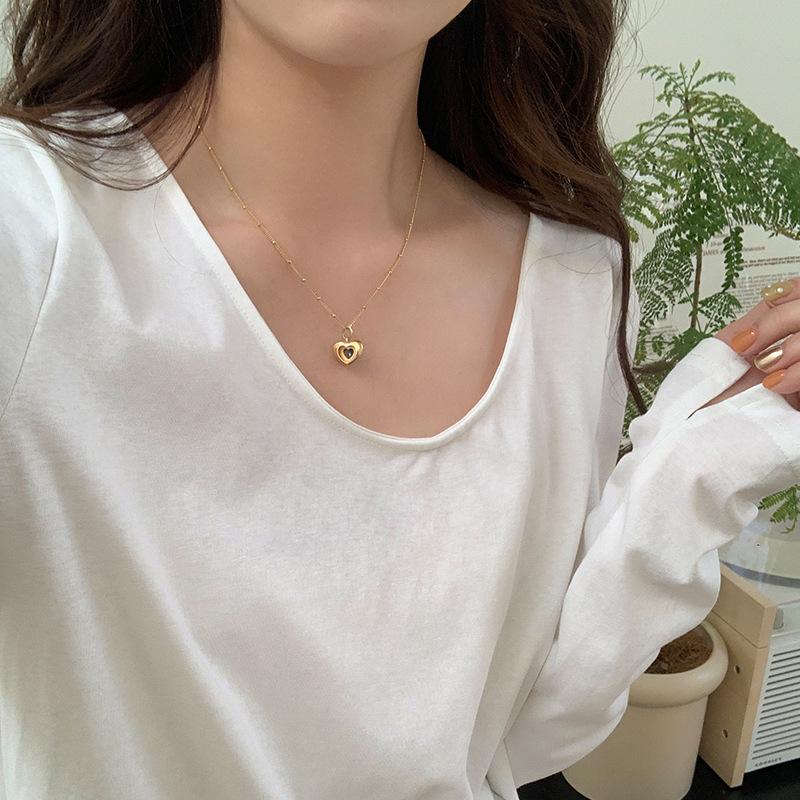 White T-shirt Women's Long-sleeved Spring New Inner Layering Shirt Round Neck Loose Versatile Versatile Exposed Collarbone U-neck Top