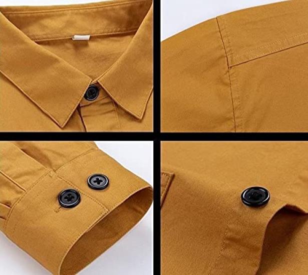 Aspersio Long Sleeve Work Shirt with Stylish Top for Casual Visual American Open Long Business Basic Shirt Yellow Collar, Men, Military, Button-Down