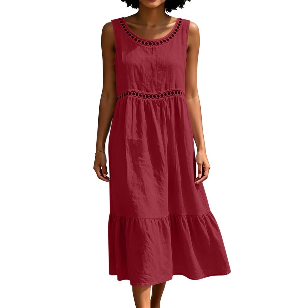 Women Sleeveless Crew Neck Cotton Linen Dress Hollow Out Lace Trim Midi Dress Summer Casual Loose Fit Solid Sundress
