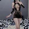 Sexy Nightdress Sleeve Cover Set Hollow Out See-through Elastic Lace Skinny Soft Solid Color Ultra Short Off Shoulder Backless Seductive Pornographic