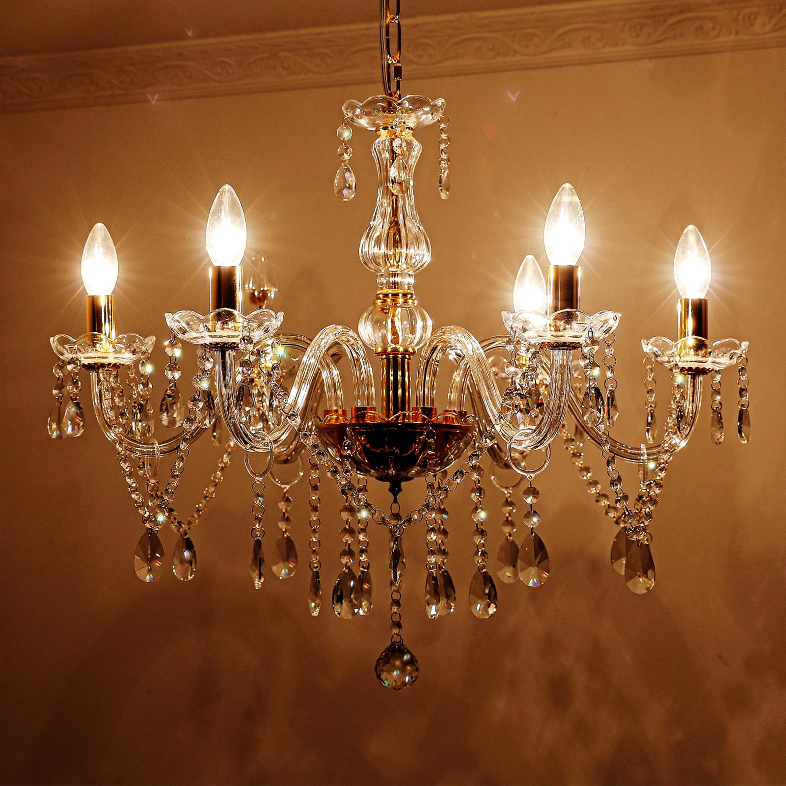 

6 Heads - Luxury Gold Clear Candle Faux Crystal Glass Chandelier, E17 Bulb Holder, Bulbs Not Included.