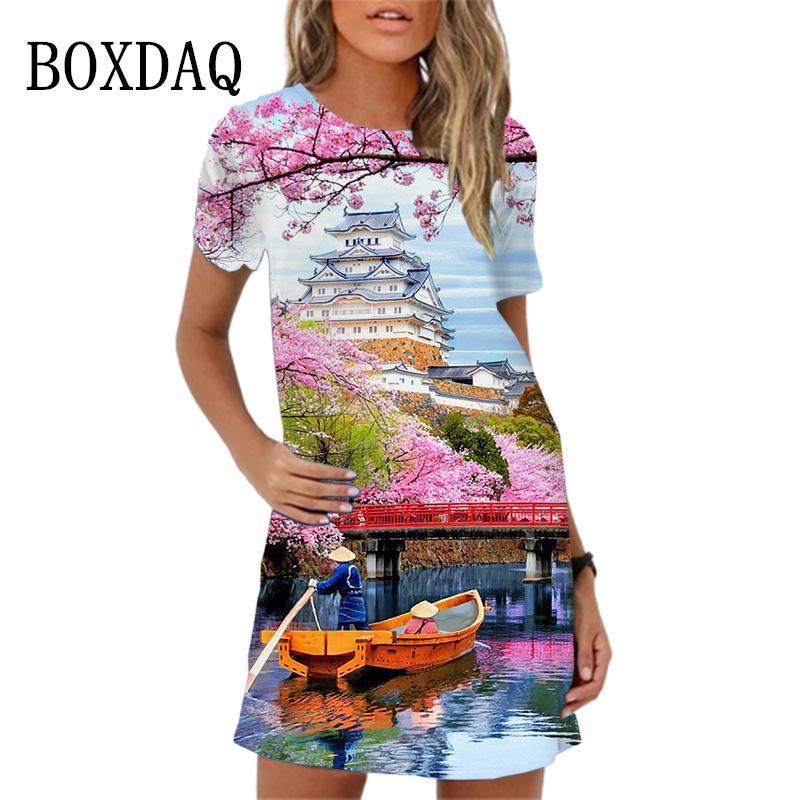Vintage Abstract Landscape Fish Pattern Print Dress For Women Short Sleeve Clothing New 2024 Summer Dress Casual Mini Dress