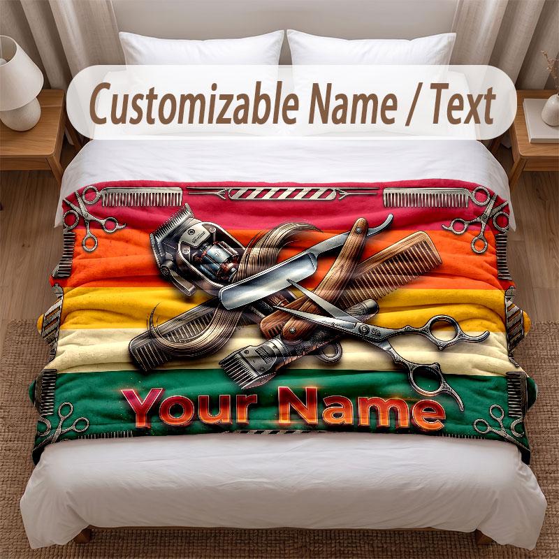 Barber Salon Theme Soft Blanket Personalized Custom Name Text Print Warm Blanket Home Sofa Bedroom Decor