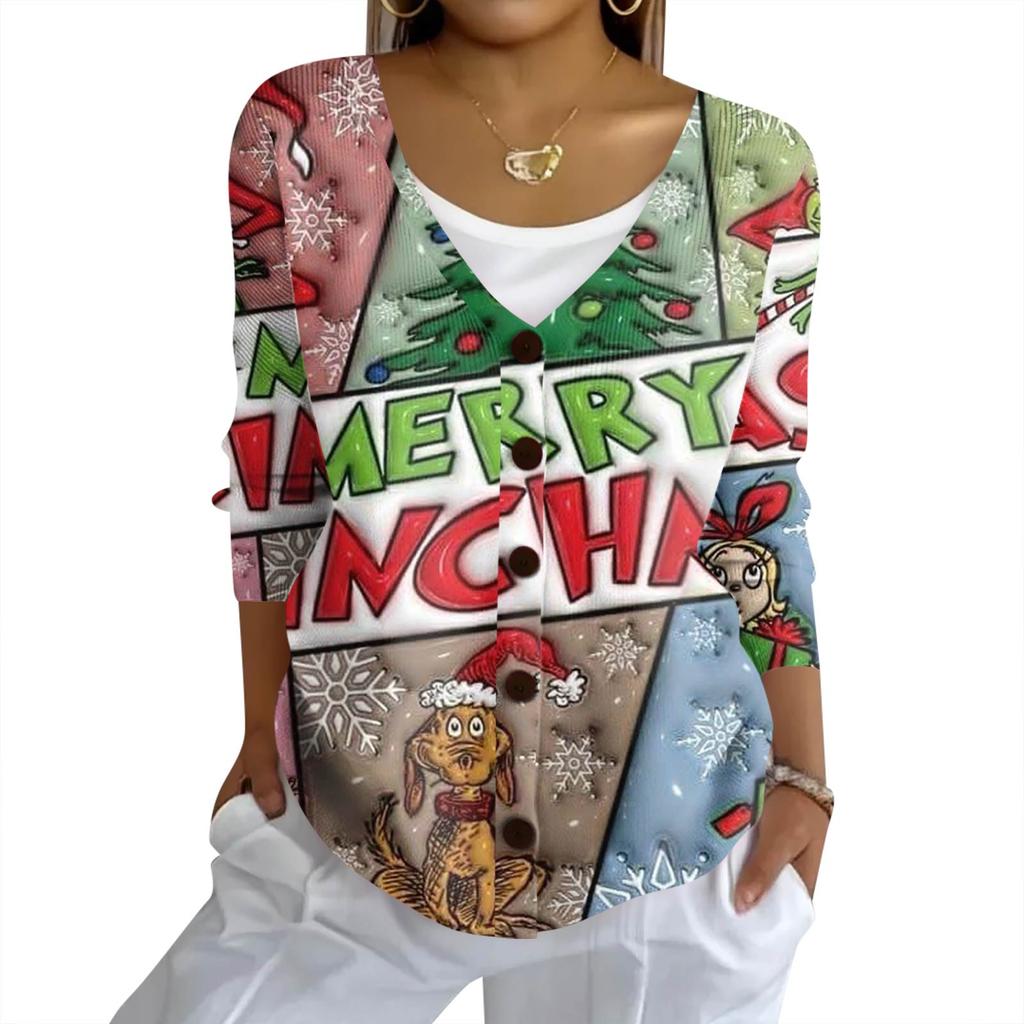 Women's Fashion Casual Knit Sweater Button-Up Christmas Print Cardigan Jacket