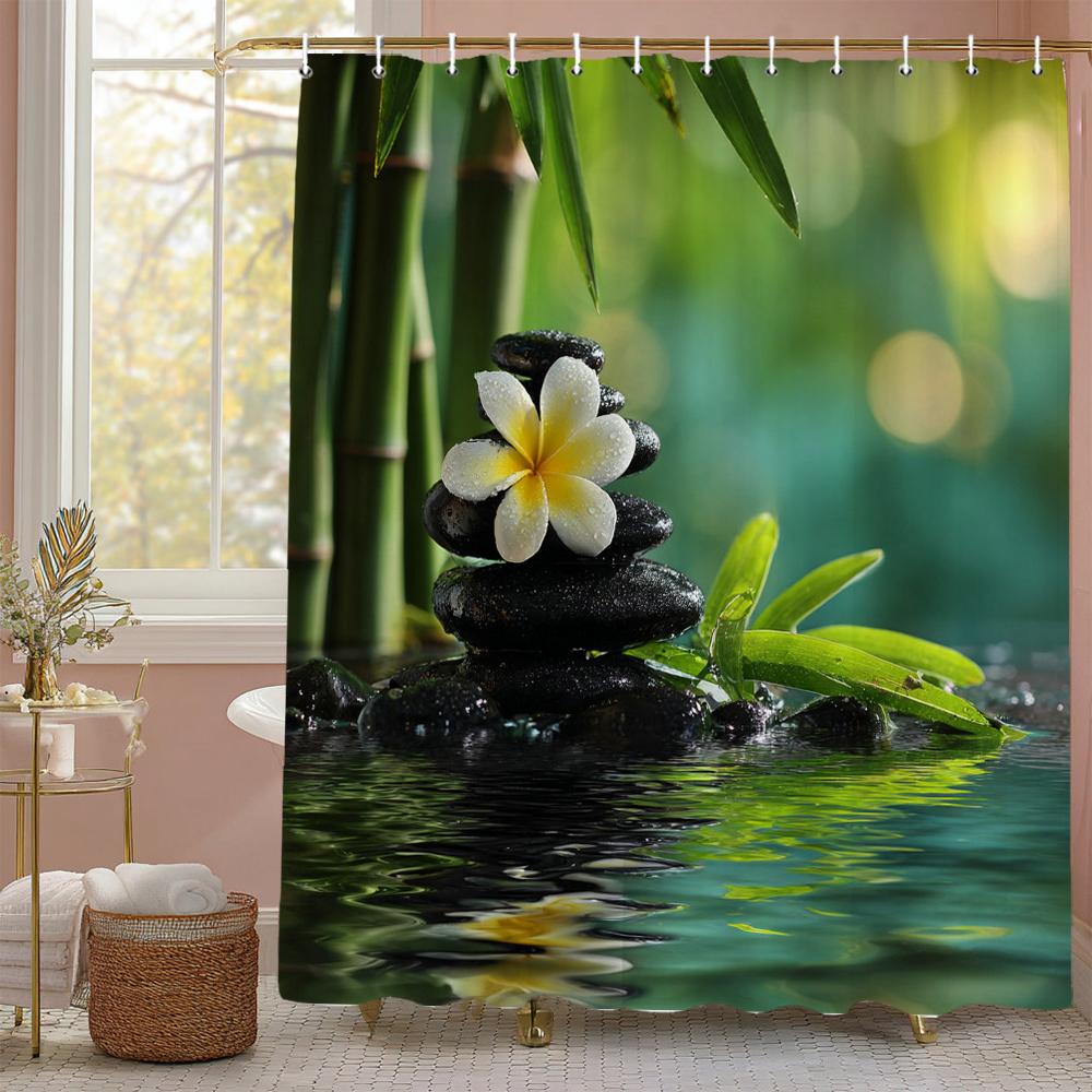 Zen Garden Bamboo Spa Stone Flower Theme Shower Curtain, Bathroom Decorative Shower Curtain, Print polyester Curtain with Hooks
