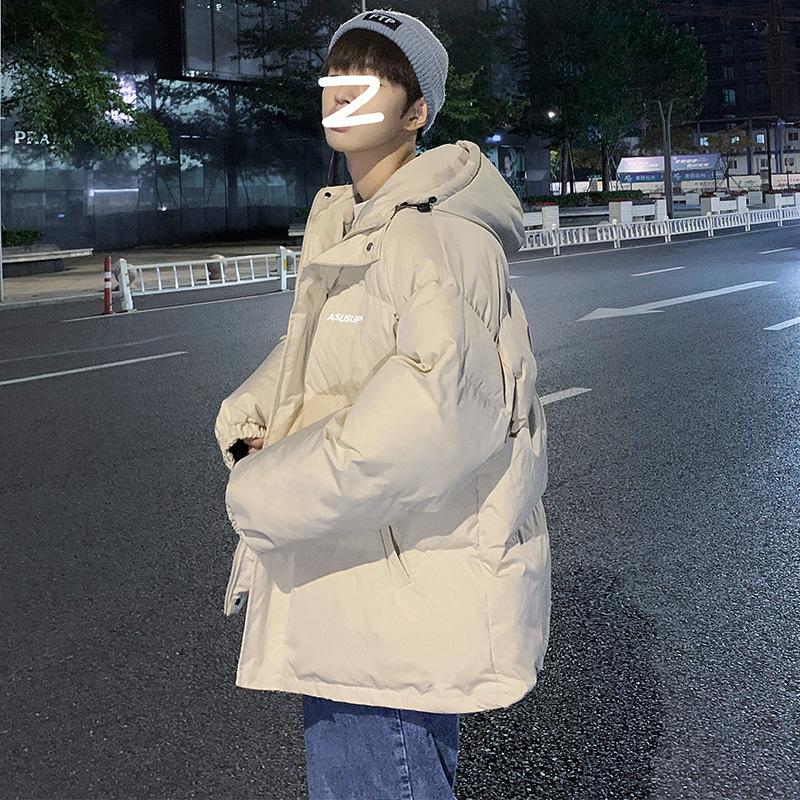 Cotton Men's Oversized Beige Puffer Jacket Hooded Warm Winter Coat Casual Streetwear