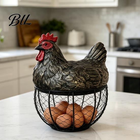 Chicken Egg Basket Hen Storage Black Metal Mesh Anti-Rust Holder Decorative Farmhouse Decor Durable for Kitchen Dining Table Shaped Container