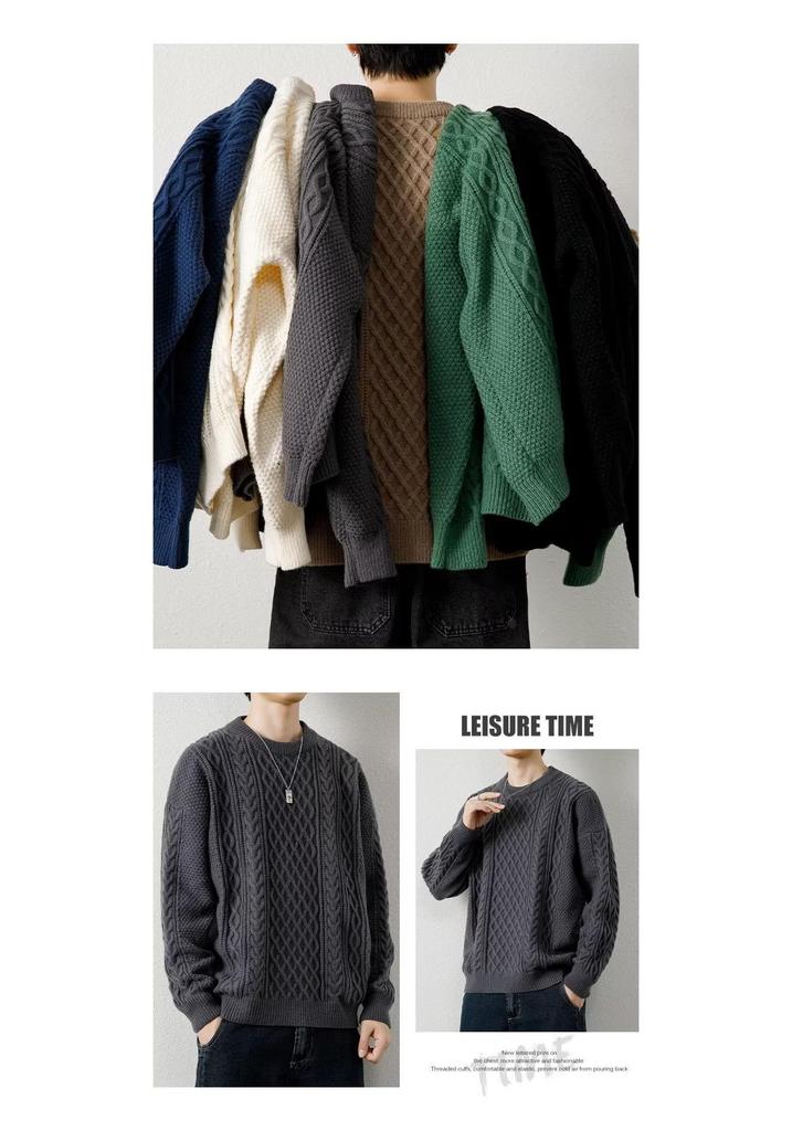 Men's Retro Cable Knit Sweater - Round Neck, Loose Fit, Trendy Autumn/Winter Woolen Knitwear for Teens