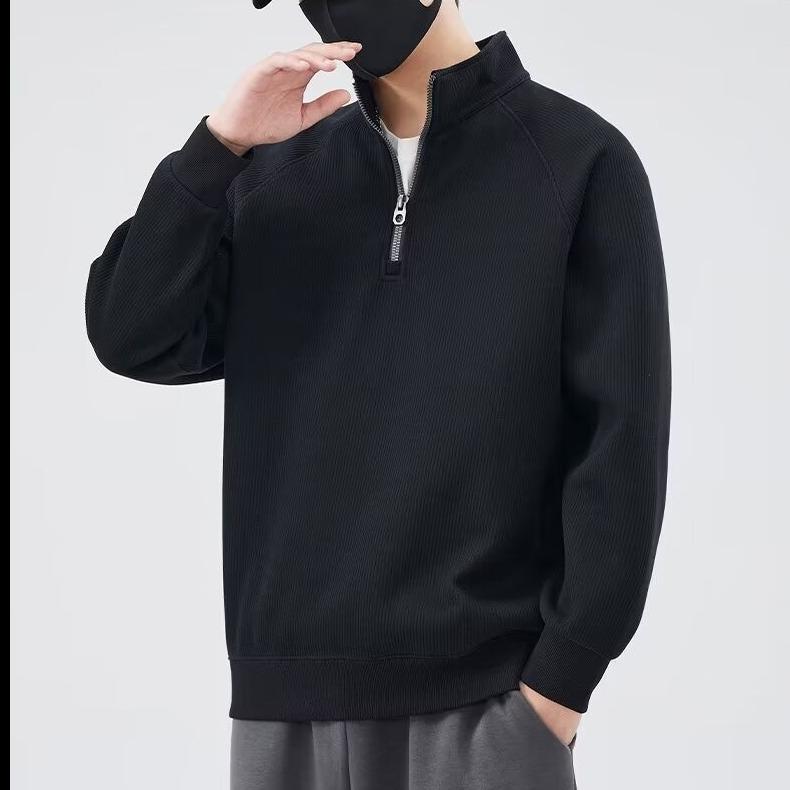 Textured semi-zipper stand-up neck sweater men's outdoor casual autumn and winter warm solid color loose men's top