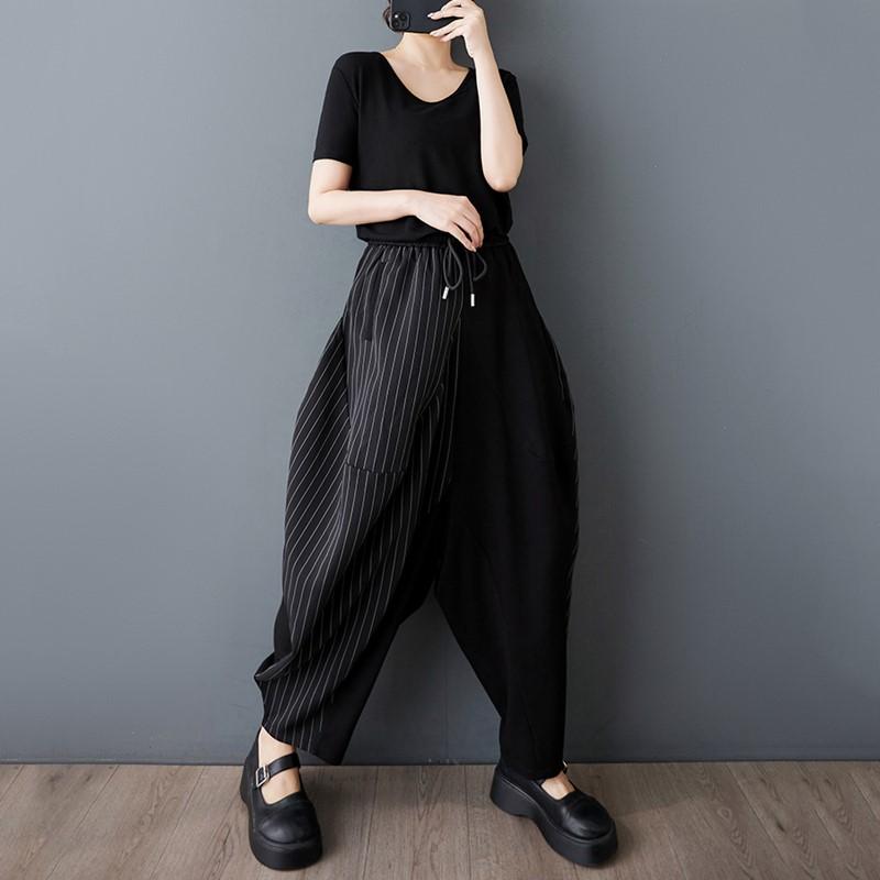 Plus Size Schwarze Vintage-Streifen-Patchwork-Hosen mit hoher Taille, lässig, locker, Frühling, Sommer, Haremshose, Damenhose