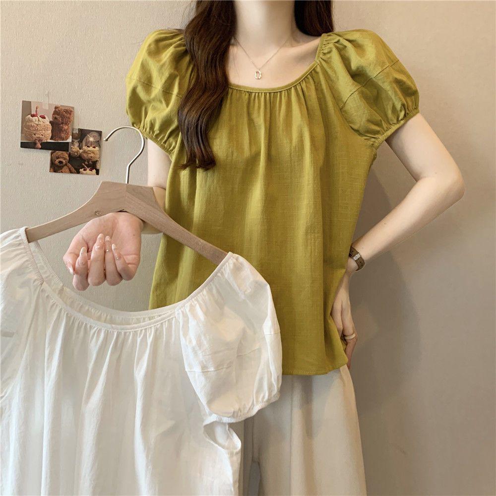 Plus Size Women's Pleated Puff Sleeve Summer Top - Loose, Slimming, Belly Covering, Versatile and Fashionable.