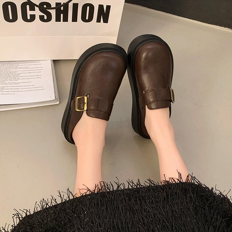 British style heightened platform Boken bag head slippers women 2025 new spring one-pedal small leather shoes half slippers women
